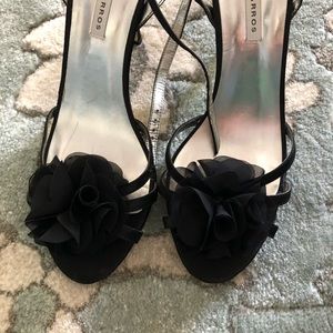 Super cute black party heals with fabric “flower”.